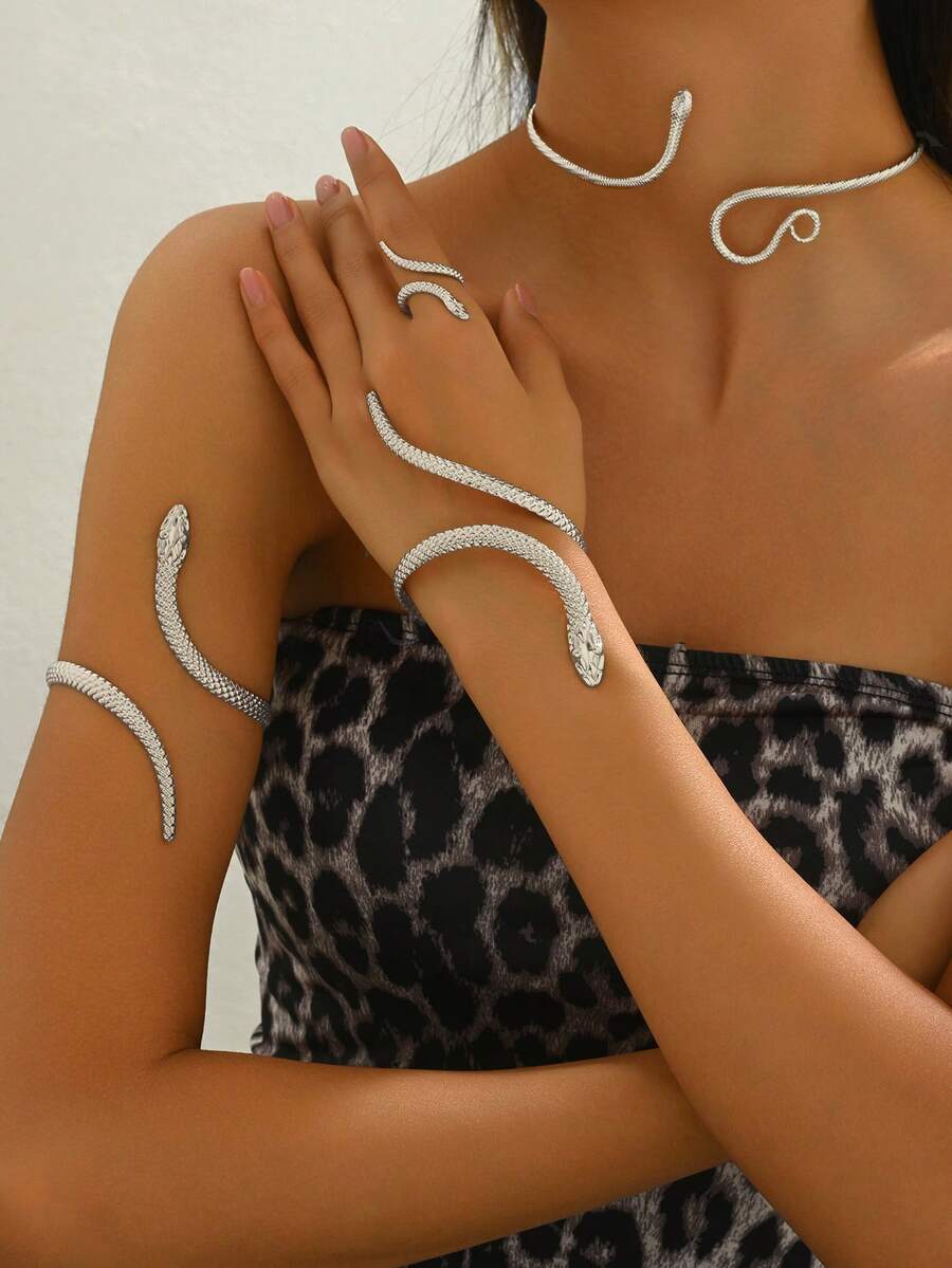 Set de 4 piezas de joyería minimalista con forma de serpiente, incluyendo pulsera, brazalete, anillo y collar, en estilo casual para mujer, para uso diario, playa, vacaciones, un regalo versátil - Plateado - Ver 1
