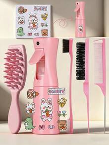 6件套美发梳套装，含连续喷雾瓶（6.8盎司/200毫升），配有卡通3D立体贴纸、超细喷雾瓶、边缘刷、尖尾梳和蓬松梳，适用于抚平毛躁、造型、清洁和美发沙龙。 - 彩色 - 查看 2