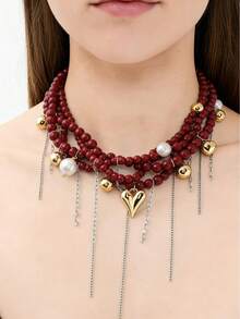 Dark Style Multi-Layer Faux Pearl Wrapped Golden Heart Tassel Necklace, Women's Contrast Beaded Choker Necklace, Punk Hip-Hop Handmade Beaded Necklace - Grey - View 4