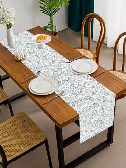 1 pieza Camino de mesa de estilo costero de 183*33cm, con patrón de olas de acuarela, decoración de mesa de lino lavable con estilo náutico para casa de playa, comedor, fiesta y uso diario