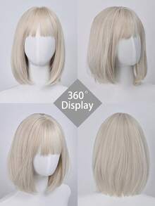 12 Inch Golden Bobo Wig For Women - With Bangs, Realistic Hairline, High-Quality Synthetic Hair | Everyday/Party Styling - Gold - View 7