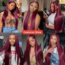 99J# 200% Density Burgundy Straight Hair 13*4 Transparent Lace Front Wig, Pre-Plucked Pre-Bleached Mixed Wig - Suitable For Women With Natural Hairline, Baby Hair - SBUG - View 8