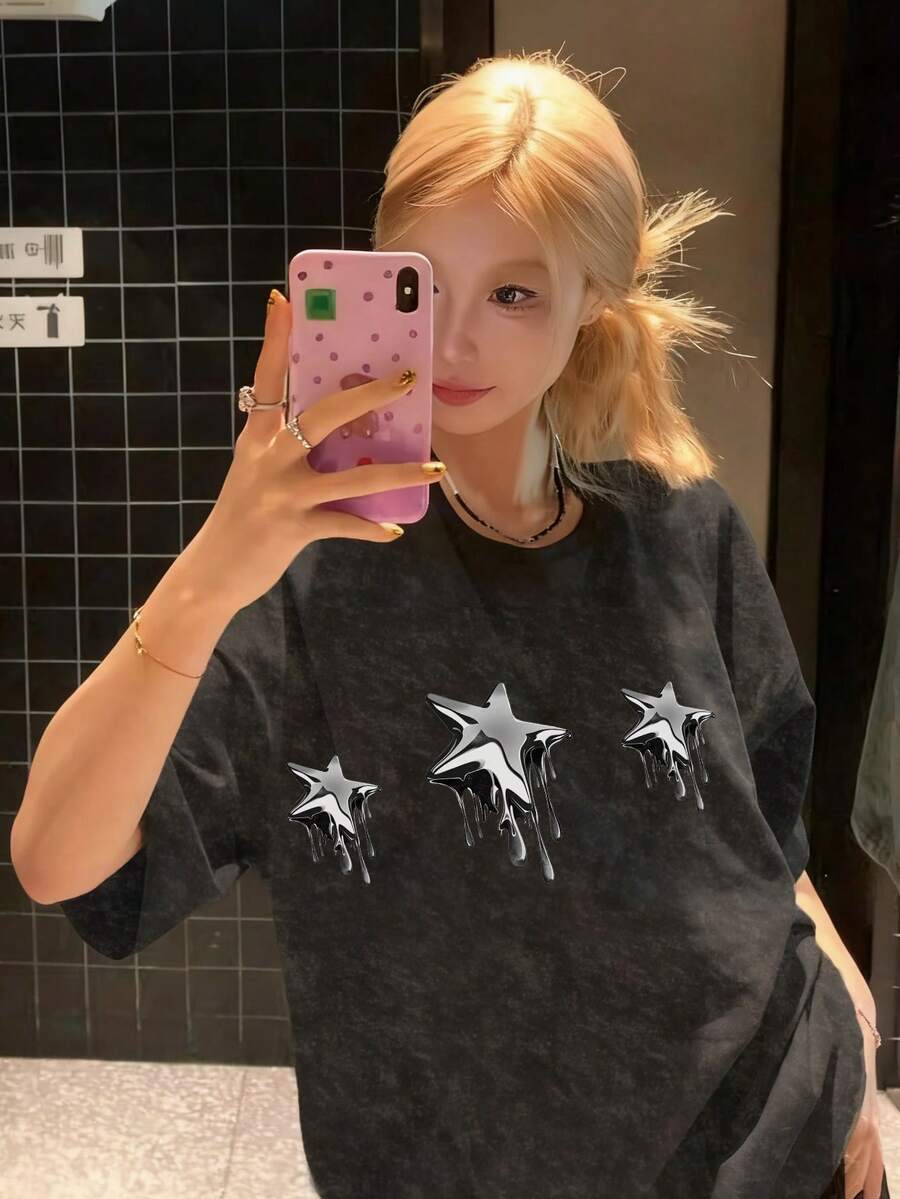 2026夏季新款女式休闲宽松圆领印花Y2K星形图案街头时尚水洗短袖T恤 - 黑色 - 查看 1