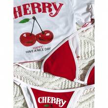 3pcs Women Summer Beachwear Set: Cherry & Letter Graphic Spaghetti Strap Bikini Set With Sheer Mesh Chiffon Loose Cover Up T-Shirt Top - 紅白色 - 查看 3