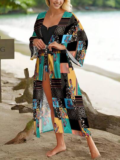1pc Women's Geometric Colorblock Kimono Cover Up, Loose Fit Long Lightweight Beachwear Bikini Cover Up, Summer