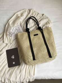 INS Hollow Paper Rope Large Capacity Woven Bag, One Shoulder Straw Bag, Handbag, Commuter Tote Bag, Beach Bag, Portable - Beige - View 9