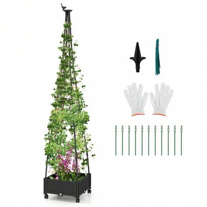  COSTWAY Vertical Garden Trellis With Self-Watering System & Mobility Feature, Raised Planter Box For Climbing Plants, Adjustable Size & Decorative Design For Indoor Outdoor Use, Black