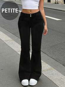 Soulscape Women's Casual Fashion Dark Wash Stretch Denim Low Waist 2-Button Petite Floor Length Flare Jeans Black - Black - View 5