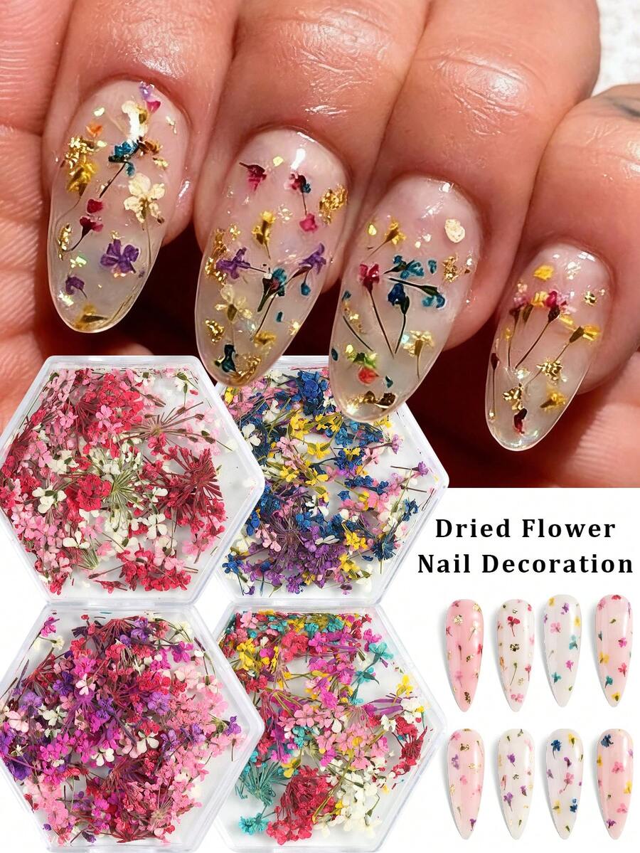 混色滿天星仿真乾燥花美甲飾品葉簇 春夏美甲用品 3D人造花美甲藝術裝飾指甲飾品 - 彩色 - 查看 1