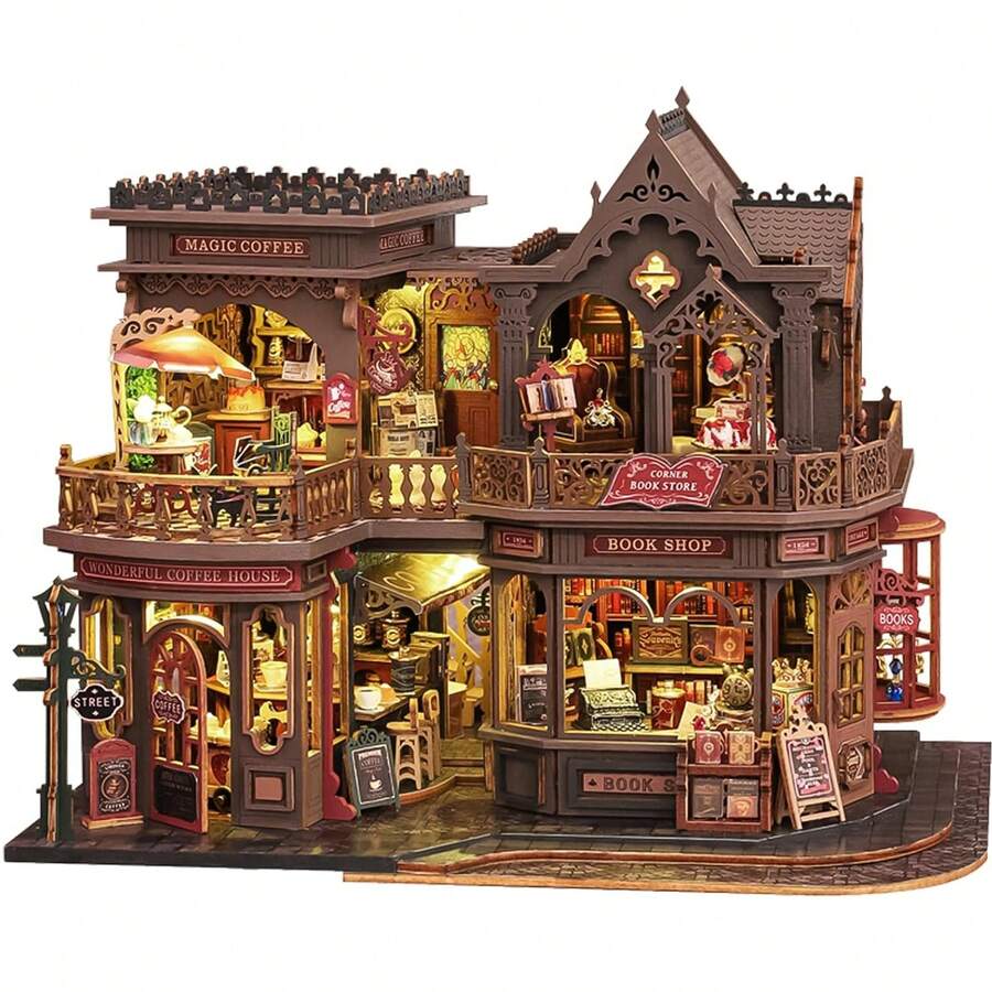 DIY Coffee Bookshelf Miniature House Kit - 3D Wooden Puzzle Bookshelf Decor With Furniture, Dollhouse Kit Creative Craft Building Set For Adults, For Women Men - Cà phê nâu - Xem 1