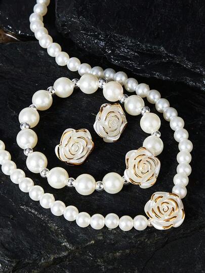 Opalesca 1 套母亲节礼物女士珠宝珍珠花项链、手链、耳环经典复古闪亮办公室时尚教师节礼物波西米亚海滩珠宝项链圣诞节、情人节、感恩节礼物情人节、妈妈、母亲、母亲节、礼物