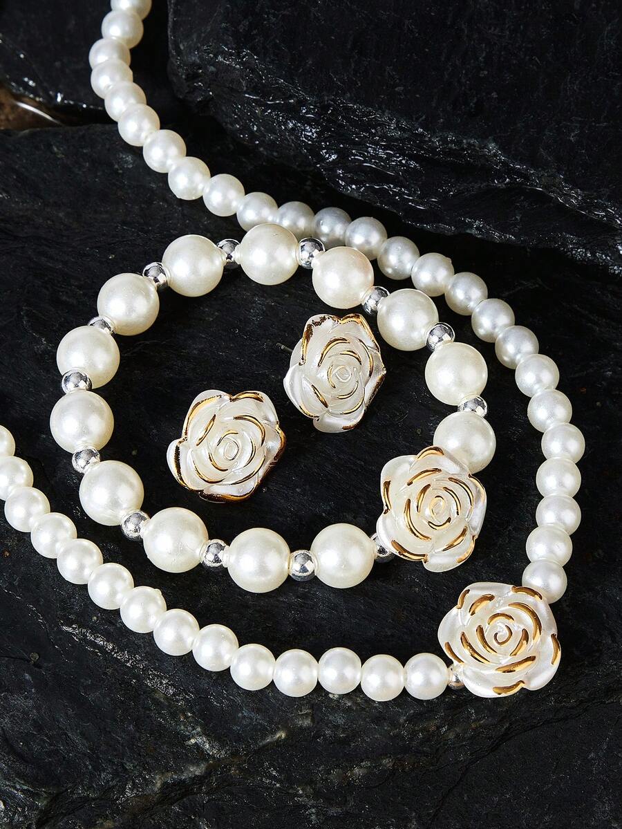 Opalesca 1 套母亲节礼物女士珠宝珍珠花项链、手链、耳环经典复古闪亮办公室时尚教师节礼物波西米亚海滩珠宝项链圣诞节、情人节、感恩节礼物情人节、妈妈、母亲、母亲节、礼物 - 白色 - 查看 1