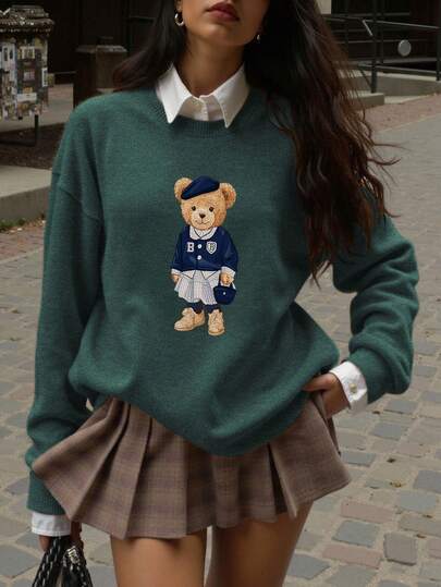 Cute Teddy Bear Print Casual Fashion Faux Wool Sweater For Women, Comfortable Warm Round Neck, Suitable For Autumn/Winter, Outdoor, Valentine's Day, St. Patrick's Day, Carnival, Back To School, Collegiate Style