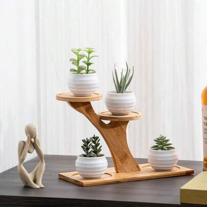 1个竹制多肉植物盆栽托架托盘，阳台多肉植物专用花架，创意实木竹制收纳架，桌面装饰，珠宝展示架，家居装饰，派对用品