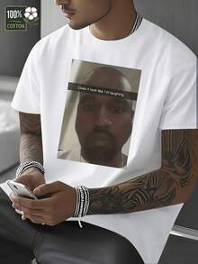 1pc West Funny Meme Looks Like Im Laughing Graphic Print Casual Crew Neck T-Shirt For Men's, Men's Clothes, Summer Outfits, Streetwear Tops, Comfortable Fit Graphic Tees, Daily Wear Clothes, School Wear, Gift For Boyfriend,Perfect For Spring/Summer Single Wear Or Layering, Ideal For Travel & Sports - 白色 - 查看 2