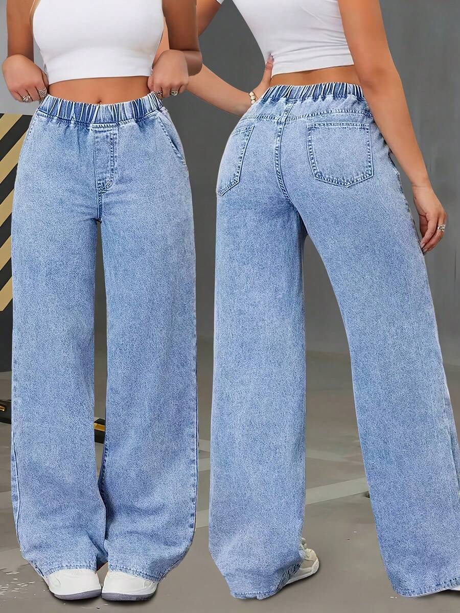 Women's Elastic Waist Wide Leg Jeans, High Waisted Tummy Control Straight Jeans, Acid Washed Denim Trousers With Pockets, Elegant Women's Outfit, Loose Fitting Comfortable Pantalones, Baggy Casual Pants For Travel, Work And Office Wear. - 藍色 - 查看 1