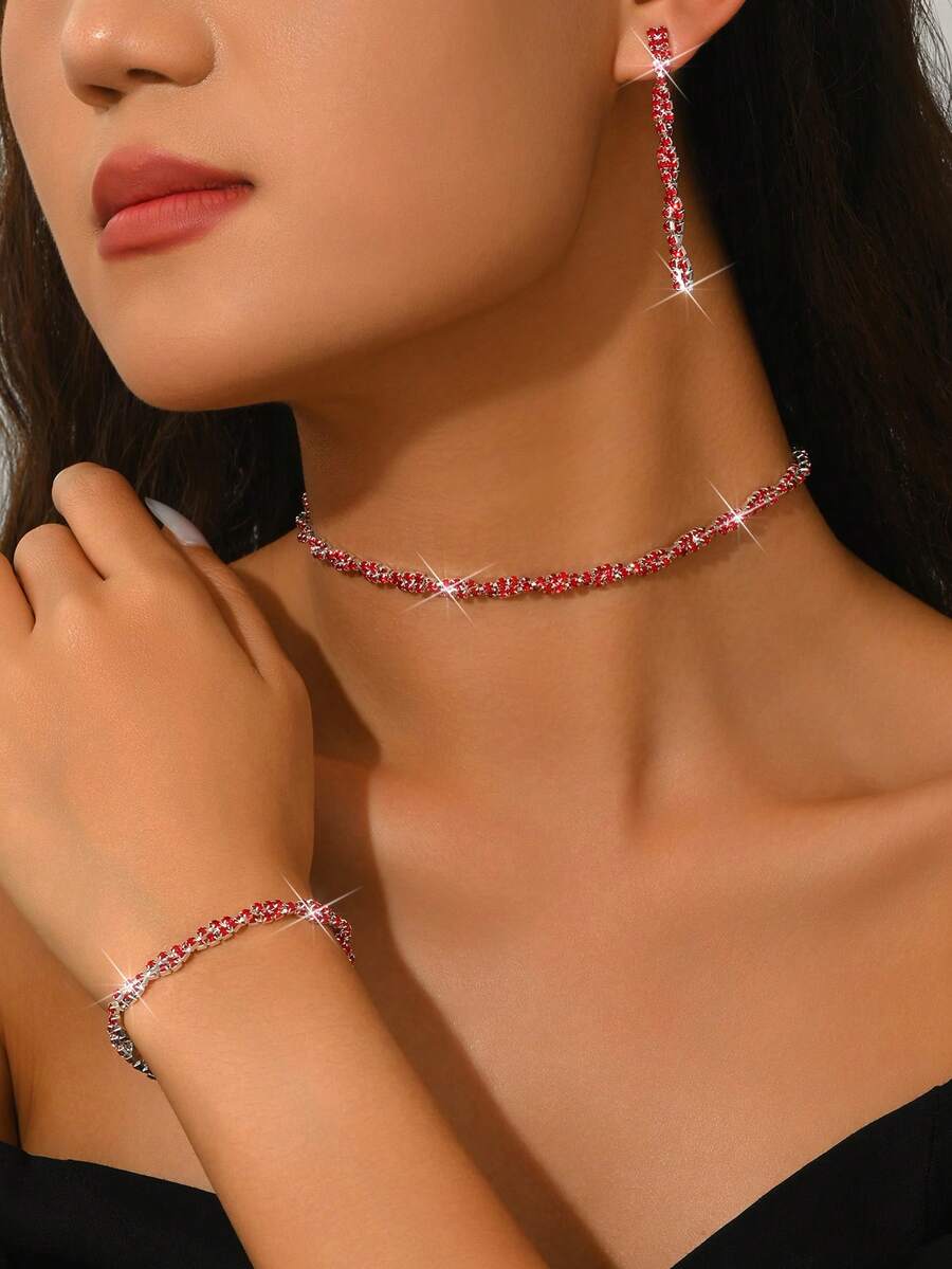 1 Set de Collar, Pulsera y Aretes de Mujer de Lujo con Diseño de Cuerda Retorcida y Rhinestones, Juego de 3 Piezas - Rojo - Ver 1
