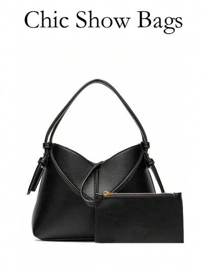 Mother-Daughter Bag Set With V-Shaped Patchwork Stitching Design – A Stylish Women's Handbag Boasting Minimalist High-End Texture. It's A Versatile Retro Shoulder & Crossbody Bag Equipped With A Long Shoulder Strap, Ideal As A Commuter Bag