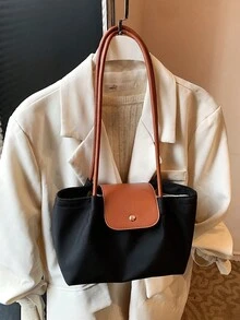 简约风格简约装饰设计女士单肩包，高端搭扣装饰休闲手提包，时尚褶皱设计轻便通勤包，适合大学生日常出行，轻便多功能通勤包，磁扣闭合，耐磨面料手提包，适合作为礼物送给朋友，也适合购物、约会、商务旅行、旅游和度假。 - 黑色 - 查看 7