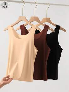 3pcs Seamless Camisole - Soft Crew Neck Seamless Basic Styles In Transparent/Semi-Transparent Colors - Multicolor - View 3
