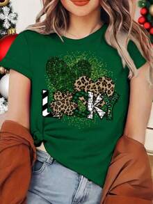 Shiny Clover Pattern Leopard Print "LUCKY" Letter Print + Small Size Short Sleeve Women's Top + Plus Size Short Sleeve Women's Top + Fashion Round Neck T-Shirt, Spring Summer Women's Top-Valentine Gift ST Patrick' S Day - 綠色 - 查看 4