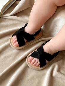 婴幼儿男女通用软底夏季凉鞋、婚礼平底鞋、沙滩拖鞋、新生儿学步鞋 - 黑色 - 查看 10