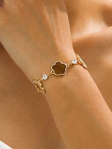 1pc Elegant Luxury Rhinestone Hollow Clover Brown Sweet Five-Leaf Clover Bracelet For Women - Brown - View 3