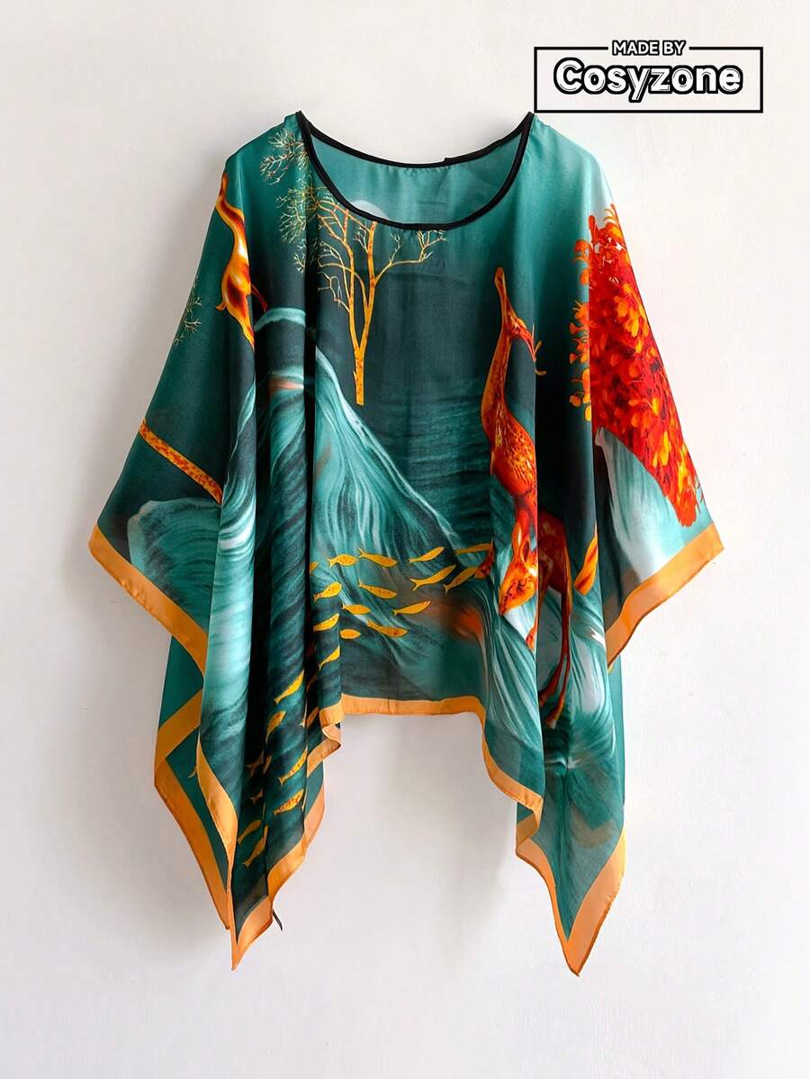 1pc Faux Silk Floral Print Shawl Scarf, Loose Beach Cover Up, Versatile Daily Accessory - Multicolor - View 1