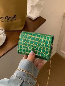 Lipstick Coin Purse, Personalized Stone/Crocodile Pattern Crossbody Bag, Metal Chain Shoulder Mini Bag - Green - View 4