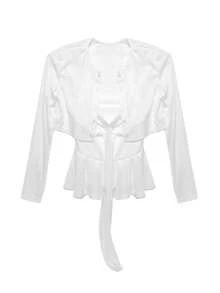 Conjunto de 2 piezas de mujer con cárdigan corto de manga larga de unicolor y camiseta sin tirantes con nudo delantero - Blanco - Ver 3