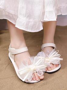 1 Pair Fashion Summer New Girls Flat Sandals With 3D Mesh Bow And Hook And Loop, Suitable For 3-8 Years Old Girls To Wear In Summer Beach Vacation, Seaside, Daily Outing, Kindergarten Activities, Birthday Party, Fairy-Style Soft Bottom Casual Princess Shoes - White - View 7
