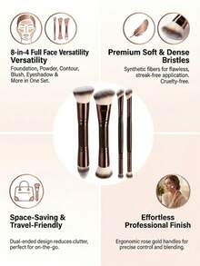 4pcs Professional Makeup Brush Set, Includes Dual-Ended Face Makeup Brushes, Angled Foundation Brush, Contour Brush, Blush Brush, Powder Brush, Eyeshadow Brush, Concealer Brush, Highlighter Brush, Blending Brush - Coffee Brown - View 2