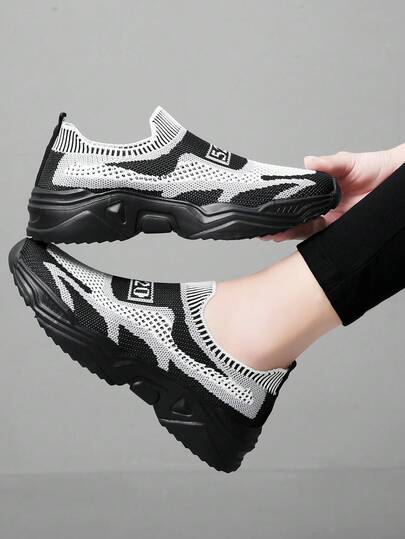 Spring/Summer Outdoor Low-Top Black & White Knit Breathable Non-Slip Thick Sole Casual Sports Shoes, Fashion Lightweight Slip-On Sock Shoes