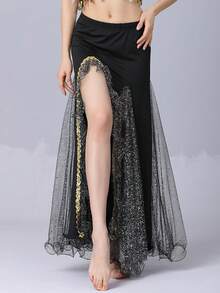 女士肚皮舞长裙，高开衩亮片网纱罩裙，松紧腰设计，适合表演和练习（多种颜色可选） - 彩色 - 查看 10
