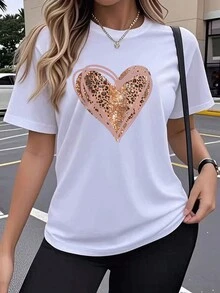 Conjunto de 3 Camisetas de Manga Corta para Mujer Hechas de Algodón Suave y Transpirable con Diseños de Corazones Divertidos y Modernos Ideales para Usar en el Día a Día Ocasionales o para Sali - 3 piezas blancas - Ver 3