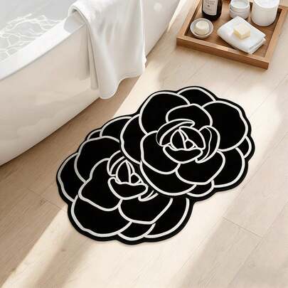 1pc Black Camellia Flower Shaped Bath Mat, Innovative Floral Design, Silica Gel Material Durable, Irregular Size With 1-5cm Trimming Error, Bathroom Mat, Bath Rug, Door Mat, Small Rug, Carpet, Mat, Home Decor, Area Rug, Outdoor Mat, Washable Carpet