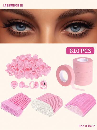 Eyelash Extension Starter Kit: 810Pcs Disposable Lash Tools - Glue Rings, Micropore Tape, Microswabs Brushes & Cotton Swabs For Beginners & Professionals