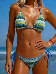 Conjunto de bikini bohemio para mujer de dos piezas con cuello halter, tirantes y espalda abierta, de tela con textura única - Azul - Ver 5