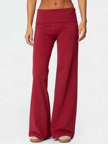 Fold Over Yoga Pants For Women Elastic Waist Low Rise Straight Leg Sweatpants Y2k Solid Color Stretchy Loose Gym Lounge Leggings Back To School Clothes For Teen Girls - 紅色 - 查看 1