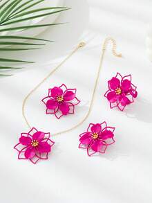 Bộ trang sức phong cách Boho gồm bông tai, dây chuyền và nhẫn màu hồng cánh sen, thiết kế hoa rỗng, thích hợp cho kỳ nghỉ và đeo hàng ngày. - Màu Hồng Tươi - Xem 4