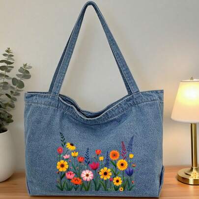 Torba dżinsowa, duża torba plażowa, torebka z kwiatowym nadrukiem, wytrzymała płócienna torba na ramię, letnia torba podróżna, idealna na plażę, niezbędne na wakacje, prezent na Dzień Matki, prezent urodzinowy, codzienna torba, torba na zakupy