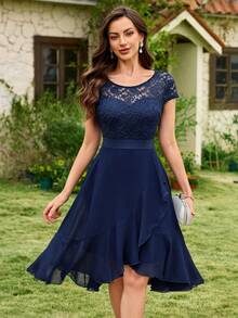 MIUSOL Floral Lace Round Neck Asymmetrical Ruffle Hem Chiffon Prom Party Swing Dress Wedding Spring - Navy Blue - View 2