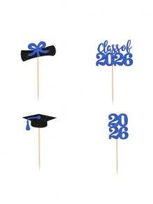 4pcs 2026 Graduation Cupcake Toppers, Blue/Pink/Red/Gold Glitter Double-Sided Graduation Cap Cake Decorations, 2026 Graduation Party Cake Topper Picks, Dessert Decor With Diploma And Graduation Cap Designs, Suitable For 2026 Graduation Party Decorations - Multicolor - View 12