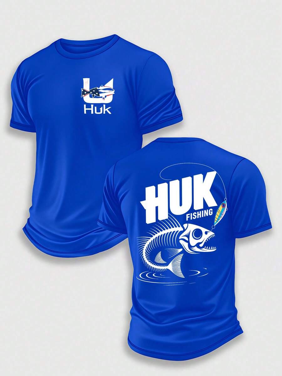 (220 Pieces Of Pure Cotton T-Shirts)HUK SKELETON LURE Performance Fishing T-Shirt, Moisture Wicking Quick Dry Tee, High-Quality Graphic Printed Outdoor Sportswear, Men's Short Sleeve Shirt, Fish Bone Skeleton Art, Fishing Lure Graphic, Holiday Gift, Performance Gear, Lightweight Breathable, Camisetas Para Hombre, Men Vacation Outfits, Urban Outdoor Style - 藍色 - 查看 1