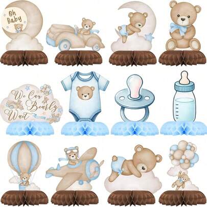 12pcs/Set,Blue Bear Party Centre Decoration Set-Bear Honeycomb Birthday Decoration For Bear Theme Birthday Party And Newborn Party Table Decoration,Bear BabyShower Table Decorations Birthday Party Table Centerpieces Toppers,Blue Little Bear Balloons Paper Topper Honeycomb 3D Table Decoration