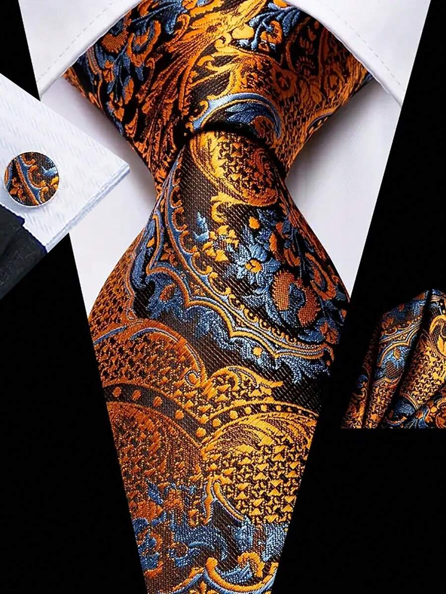 Men Tie Sets Classic Fashion Necktie Set With Cufflink For Business Party - Burnt Orange - View 1