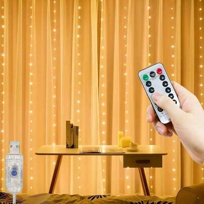 1pc 8-Mode USB Powered Curtain String Lights, Indoor LED Fairy Lights For Holiday, Birthday Party, Wedding, Room, Window Decor (Remote Control Not Included)