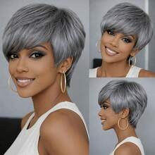 100%真人发假发 - 自然逼真，无需胶水，玫瑰网帽，150%密度分层直发精灵短发，带刘海，适合日常、角色扮演、派对、节日等场合，优雅女士假发 - SGray - 查看 2