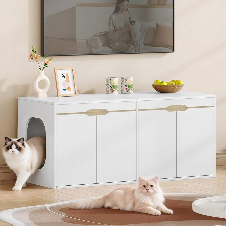 HaluPeit Cat Litter Box Cabinet, Cat Cabinet For 2 Cats, Cat Toilet With Door, For Cats, Double Door, Side Table, 120 X 50 X 53.4 Cm, White Oak And White, Modern - 白色 - 查看 1