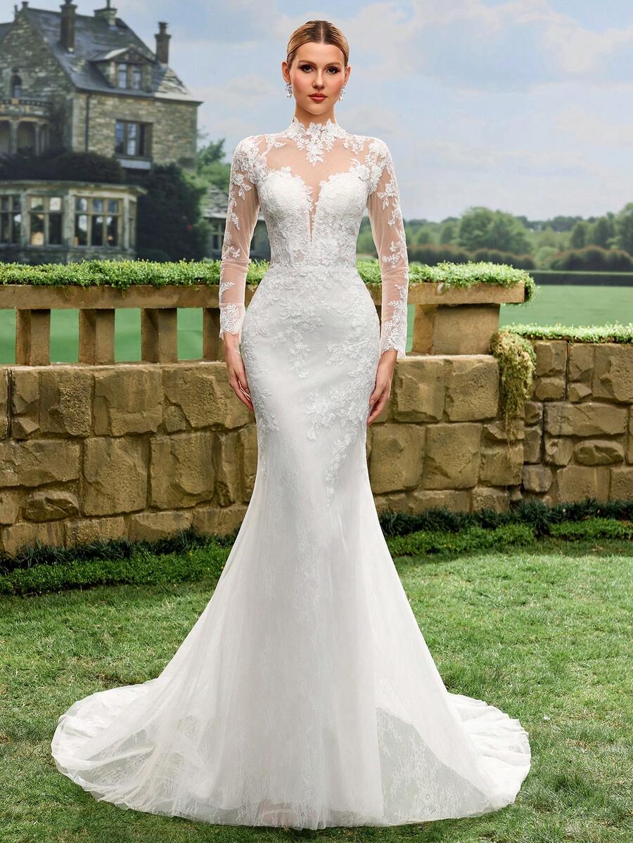White Applique Mesh Patchwork Zipper Fitted Elegant Long Sleeve Wedding Dress